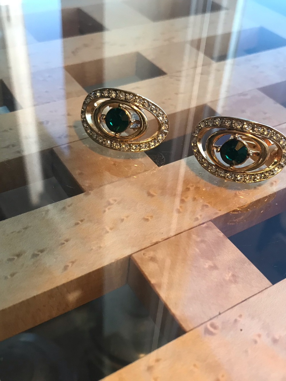 Gold-Tone Oval Earrings with Emerald Green Stone and Crystal Accents